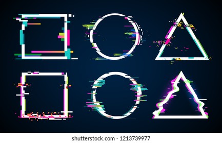 Distorted Glitch Frame. Glitched Circle, Square And Triangle Frames. Music Distortion Logo, Tv Distortion Abstract Geometry Dynamic Shapes. Digital Noise Defect Vector Isolated Icons Elements Set