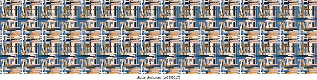 Distorted glitch graphic criss cross stripe seamless border pattern. Modern distressed line banner background. Trendy unusual abstract criss cross graphic design. Variegated close up style ribbon trim