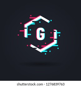 Distorted glitch logo. Hexagon frame in distorted glitch style. Abstract logo template. Modern trendy element for design Logo, sign, label, emblem.