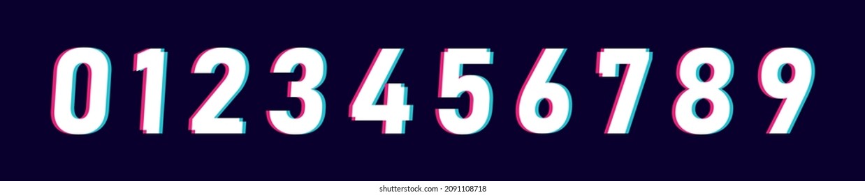 Distorted glitch numbers from zero to nine. Glitch font with distortion stereoscopic effect. Modern trendy style lettering typeface. Vector illustration.