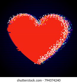 Distorted Glitch Style Modern Background. Glitched Red Heart Frame Design. Glow Design for Graphic Design - Brochure, Poster, Flyer, Card, Banner. Vector Illustration.