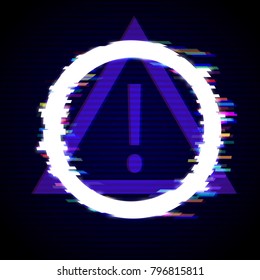 Distorted Glitch Style Modern Background. Glitched Circle Frame Design. Exclamation mark and triangular frame. Glow Design for Graphic Design - Brochure, Poster, Flyer, Card, Banner. Vector