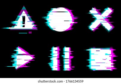 Distorted glitch style neon buttons vector illustration set. Play, pause, stop, warning symbols with circle and square on black background