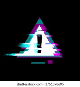 Distorted glitch style warning and Error symbol - exclamation point in a triangle, vector illustration on black background.