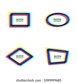 Distorted glitch texture frame set. Abstract modern oval rectangle rhombus polygon background with glitch effect. Broken sign collection with rgb cmyk colors channel. Minimal style vector illustration