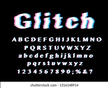 distorted glitch typeface alphabet, letters and numbers