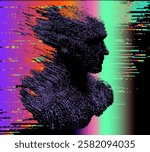 Distorted and glitched silhouette of a human face on a dark background with neon colored pixels. Conceptual vector illustration on the themes of artificial intelligence and internet identity.