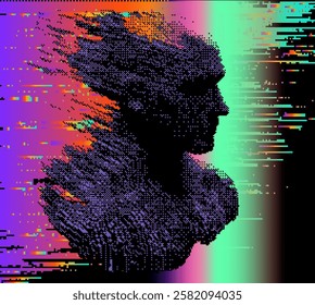 Distorted and glitched silhouette of a human face on a dark background with neon colored pixels. Conceptual vector illustration on the themes of artificial intelligence and internet identity.