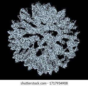 Distorted and glitched sphere made of particles. Generative computer art and parametric design.
