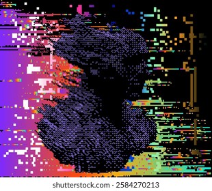 Distorted and glitchy silhouette of a human face on a dark background with neon colored pixels.