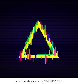 Distorted glow neon glitch style triangle frame or symbol vector illustration on a background similar to the screen. Glitched modern trendy design for websites and prints.
