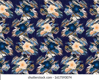 Distorsión de diseño gráfico de flor margarita sin fisuras. Fondo floral moderno retro hipster. Psicodélico trendy y atrevida textura de flor en color masculino oscuro. Vibrante estilo de los años 80 impreso