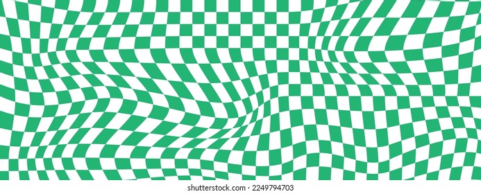 Distorted green and white chessboard background. Dizzy checkered visual illusion. Psychedelic pattern with warped squares. Trippy checkerboard surface. Vector flat illustration