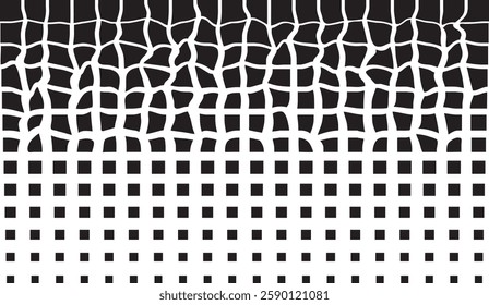 Distorted Grid, A graphic design with irregular squares transitioning into a uniform grid pattern, creating a sense of organic transformation against a stark black and white backdrop