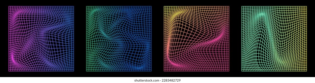 Distorted grid  neon pattern set. Futuristic geometric square background. Vector Illustration
