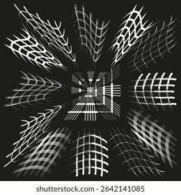 Distorted grid pattern. Radial burst effect. Abstract geometric illusion. Vector futuristic background.