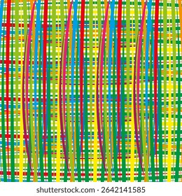 Distorted grid pattern. Wavy rainbow background. Abstract vector lines. Multicolor mesh texture.