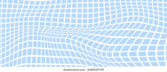 Distorted grid pattern with white wavy lines on light blue background. Abstract warped mesh texture. Optical illusion effect. Geometric background.