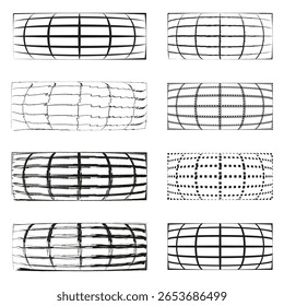 Padrões de grade distorcidos. Texturas de linha horizontal. Formas de mapa retangular. Elementos grunge vetoriais. EPS 10.