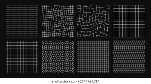 Verzerrte Gitter nahtlose Muster, Retro futuristischen Drahtmodell. Weiße lineare geometrische Gitter, Gitter oder Netz mit Verzerrungseffekt, abstrakter wellenförmiger, karierter Hintergrund, Vektorsatz