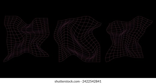Distorted grid set. Futuristic wireframe in Y2K style set. The set is great for social media posts, cards, brochures, flyers, and advertising poster templates. Vector illustration.

