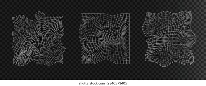 Distorted grid shapes isolated. Retrofuturistic warped mesh grid. Curved mesh abstract elements. Retro punk design element. Vector curve surface background