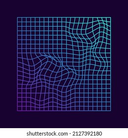 Distorted Grid Square Neon Pattern. Abstract Background of Retro 80s, 90s Style. Glitch Effect. Warp Futuristic Geometric Square Glitch. Wave Ripple Perspective Square. Isolated Vector Illustration.