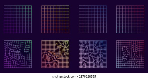 Distorted Grid Square Neon Pattern. Warp Futuristic Geometric Square Glitch. Abstract Modern Design. Wave Ripple Perspective Square. Isolated Vector Illustration.
