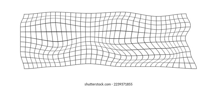 Distorted grid texture. Warped mesh surface. Horizontal net with curvatured effect. Checkered pattern deformation. Black bented lattice isolated on white background. Vector graphic illustration