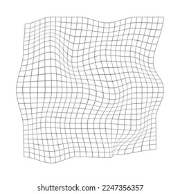 Distorted grid texture. Warped mesh. Trippy optical illusion. Curvatured fish net. Checkered pattern deformation. Bented lattice isolated on white background. Vector outline illustration