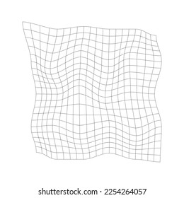 Distorted grid texture. Warped retrofuturistic mesh. Net with curvatured effect. Chequered pattern deformation. Bented lattice surface isolated on white background. Vector graphic- illustration