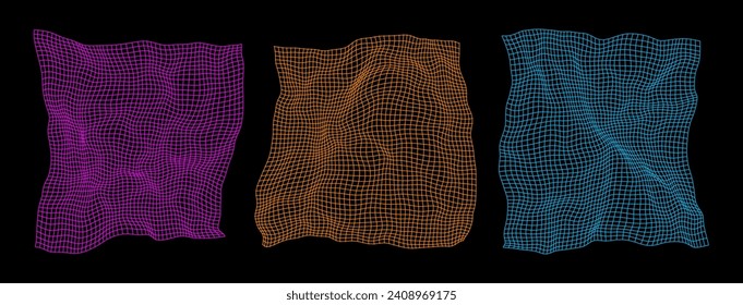 Distorted Grids. Vintage Grid Effect for Technology, Science, Game Background Elements. Purple, Orange and Blue Wireframe Grids. Banner, Wallpaper, Print. Vector Illustration.