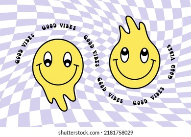 Distorted groovy melting   faces with smile on 70s retro style and quote good vibes on optical checkered background. Character funny psychedelic. Vector flat illustration. Dripping smile print.