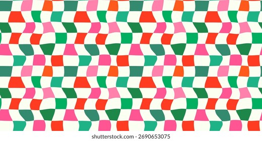 Distorted groovy red, green and pink Christmas check seamless vector pattern, Fun wavy squares background for holiday designs