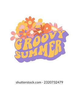 Distorted Groovy Summer tee print , holiday mode design with large psychedelic melting letters and psychedelic flowers. Vintage 70th style vector concept for t-shirt or poster
