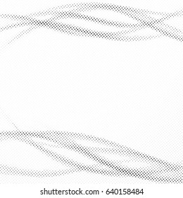Distorted halftone dot modern pop-art layout. Grain graphic dust particle forming swoosh smooth pop art waves. Vector illustration