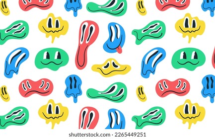 Distorted happy colorful smiles seamless pattern on white background. Funny unreal emoticons faces. Trippy vector design. Cartoon retro print for clothes, fabric, paper, cover, interior decor. 