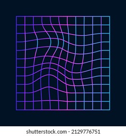 A Distorted Holographic Grid Inside An Even Square. Vector Illustration Of Abstract Design With Violet Blue Gradient. Mesh With Warp Effect Inside.