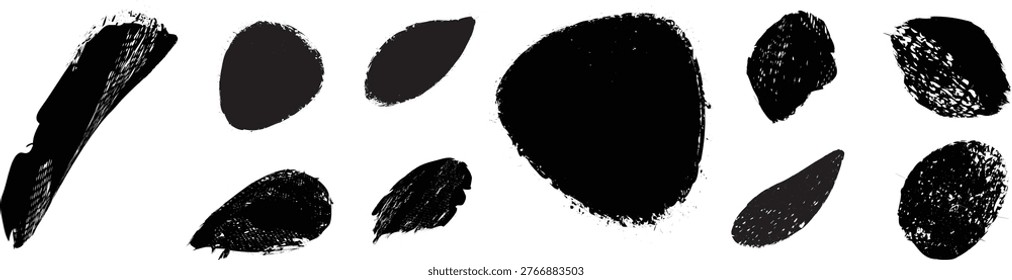 Distorted irregular shapes collection . Oval shapes design . Textured blobs . Trendy grainy shapes set . Graph print texture .Stamp effect .Grunge texture . Distressed element .vector
