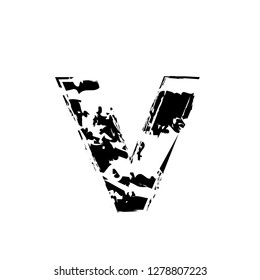 Distorted letter V vector. Grunge V letter of the alphabet. Trendy style distorted glitch typeface alphabet. Letters drawn with stroke effect. Digital illustration with dry brush effect