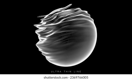 Distorted line spheres. Vector thin line glitch geometry.