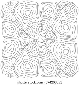 Distorted linear concentric circles, abstract vector background, black and white vector texture
