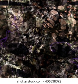 Distorted lines and circles. Random mix. Ovals, wavy lines. Dark pattern with lumen. Seamless vector pattern.