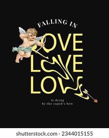 distorted love slogan with cupid shooting arrow vector illustration