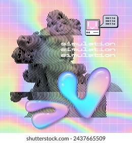 Distorted melting vaporwave collage with marble sculpture in , Apollo Belvedere bust and fluid forms. Holographic retrowave style poster concept, postmodern aesthetics of 80's-90's. Vector