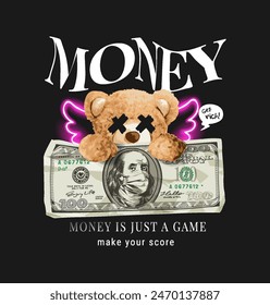 distorted money slogan with bear doll angel and cash hand drawn vector illustration on black background