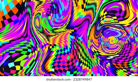 Distorted neon checkered pattern. Abstract euphoria. Hallucination in consciousness intoxicated with psychotropic mushrooms. Vector illustration.