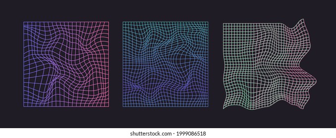 Distorted neon grid pattern. Abstract glitch background. Set collection. Retrowave, synthwave, rave, vaporwave. Blue, black, pink purple colors. Trendy retro 1980s, 90s style. Print, poster, banner.
