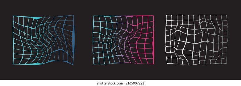 Distorted neon grid pattern. Abstract glitch background. Set collection. Retrowave, synthwave, rave, vaporwave. Blue, black, pink purple colors. Trendy retro 1980s, 90s style. Print, poster, banner.
