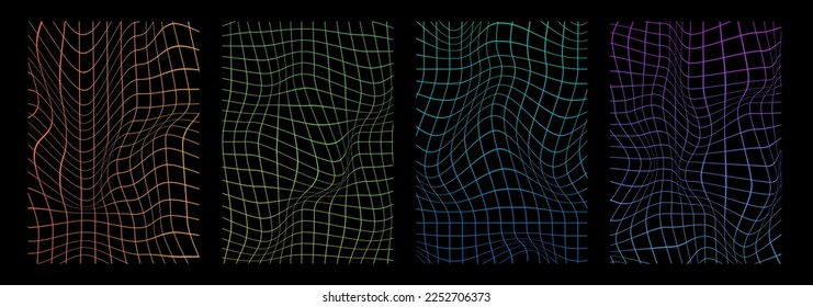 Distorted neon grid pattern. Abstract glitch background. Set collection. Retrowave, synthwave, rave, vaporwave. Blue, black, pink purple colors. Trendy retro 1980s, 90s style. Print, poster, banner.